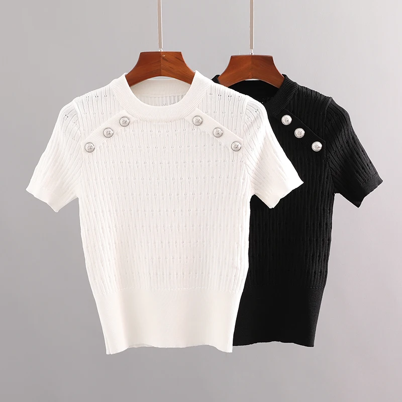 

Brand Fashion Women High Luxury Summer Metal Buckle Hollow Slim Knitted Short-Sleeved T-Shirt Tees Top
