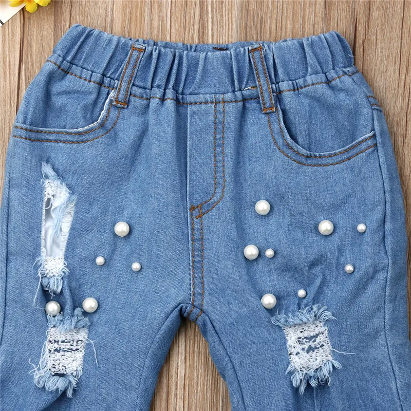 Детская одежда для маленьких девочек; детские джинсы Kds; Летние повседневные рваные джинсы; джинсовые штаны; эластичные брюки; Синие рваные брюки