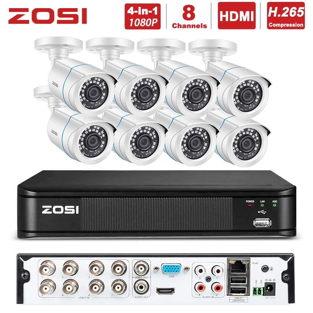 ZOSI 1080P 8CH 4-en-1 CVBS AHD CVI TVI CCTV sistema DVR 2MP bala al aire libre de vídeo visión noct