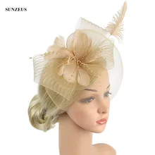 Золотистая шляпка Свадебные тюлевые женские вечерние шапки с перьями Бисероплетение вуалетки chapeaux de mariage pour les femmes SQN044