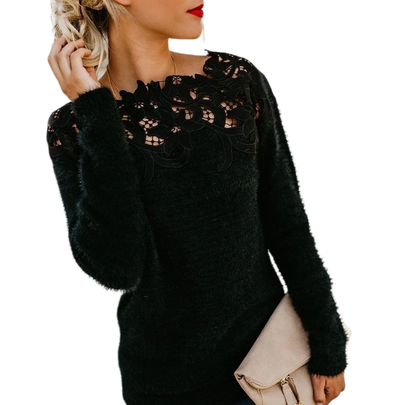Сексуальные черные кружевные женские свитера открытой вязки с длинным рукавом пуловер Топы свитер дамы о-образный вырез джемпер выдалбливают Трикотаж