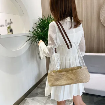 

Fashion Women Weave Transparent Phone Bag Hand Bag Shoulder Bag Armpit Bag Handle Bag Women Retro Handbag PU Leather Shoulder