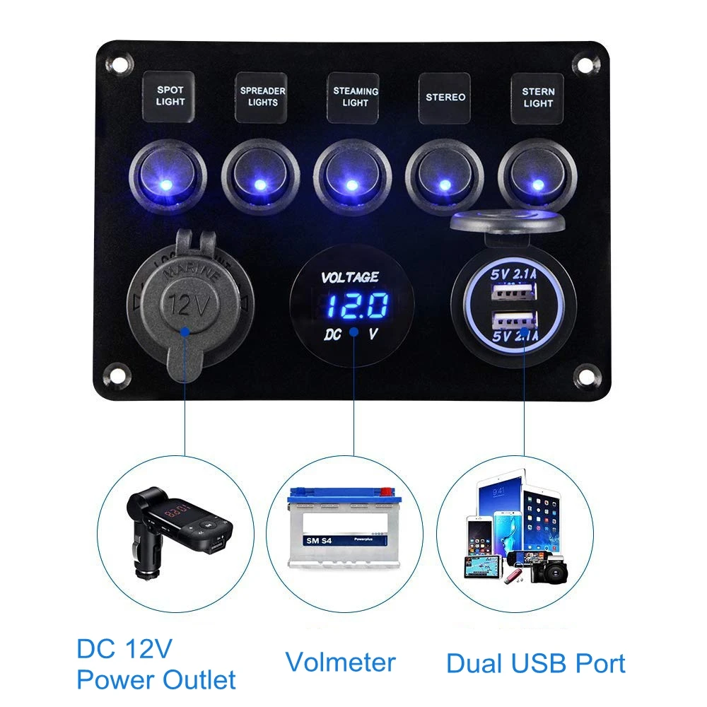  5 Gang Switch Panel 12V/24V Digital Voltmeter Rocker Switch Blue LED Light with Cigarette Lighter D