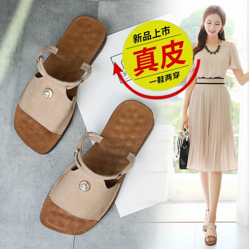 

2019 New Style Slip Shoes Double Purpose Pregnant Women Slipper Genuine Leather Rhinestone Flat Comfortable Soft Girl Swede Leat