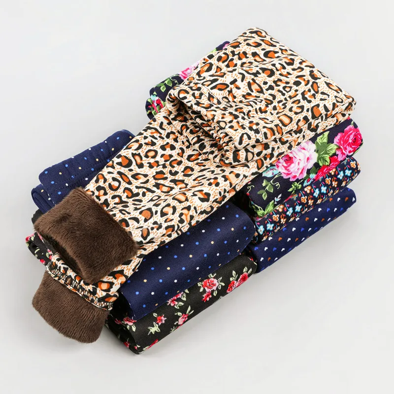 Velvet Pants Trousers Leggings Flowers Leopard Vintage Girl Autumn Warm Thick Winter