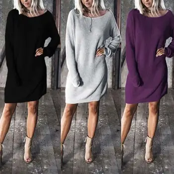 

Autumn Winter Fashion Loose Women Solid Color Crew Neck Long Sleeve Mini Sweater Dress Nylon/Polyester/ Spandex Above Knee Dress