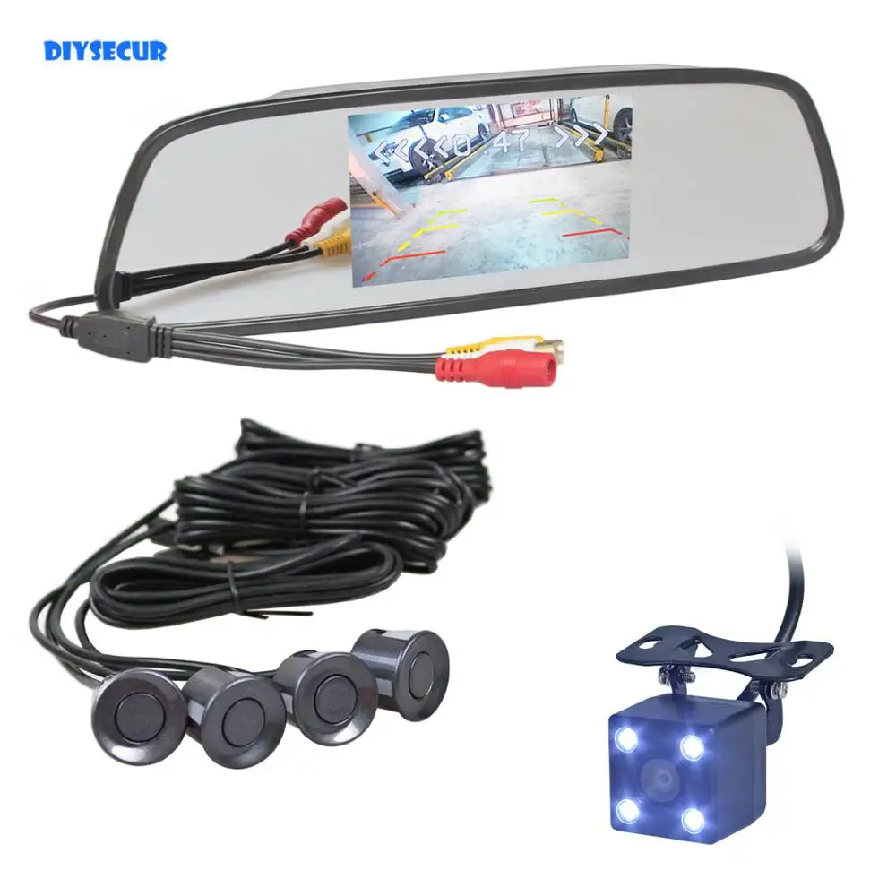 DIYSECUR 5" Car Mirror Monitor Video Parking Radar 4 Sensors + 4 x LED