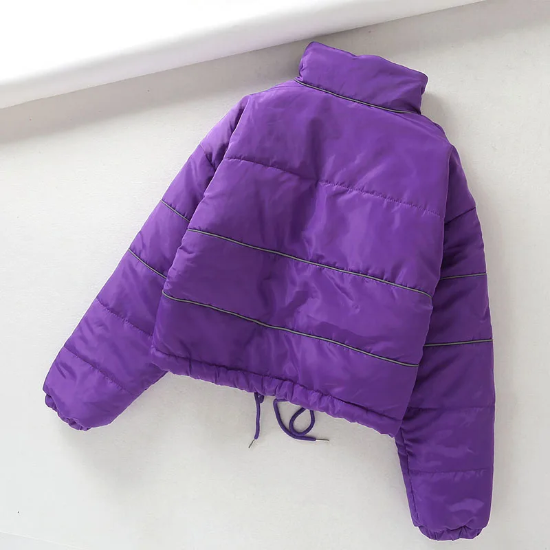Светоотражающие полосы сплошной цвет свободные длинные SleeveZipper короткие женские куртки шнурок талии воротник женский пальто теплый топ
