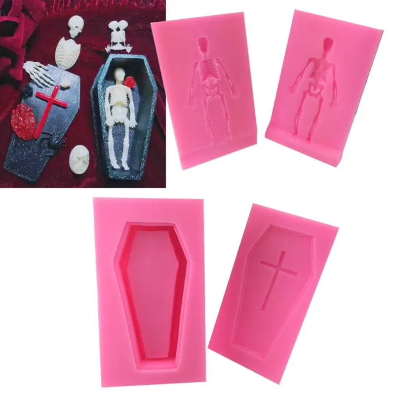 

One Set 3D Cross Coffin Human Skeleton Skull Silicone Mold for Fondant Resin DIY