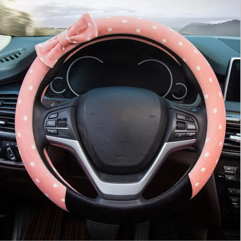 

4 Colors Car Styling Bow Car Steering Wheel Cover cute Cartoon Universal Interior Accessories Set Women/man Plush Car Covers