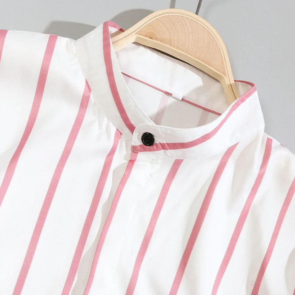 Мужская мода полосатые рубашки с принтом Socail джентльмен Мужская Блузка Кнопка с длинными рукавами Slim Fit уличная деловая стоячий воротник