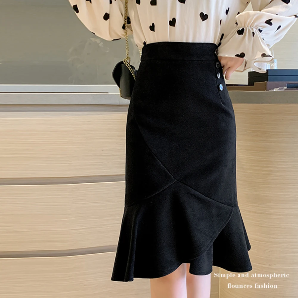 Skirt women autumn and winter high waist woolen skirt fashion casual fishtail skirt solid slim irregular ruffled midi skirt