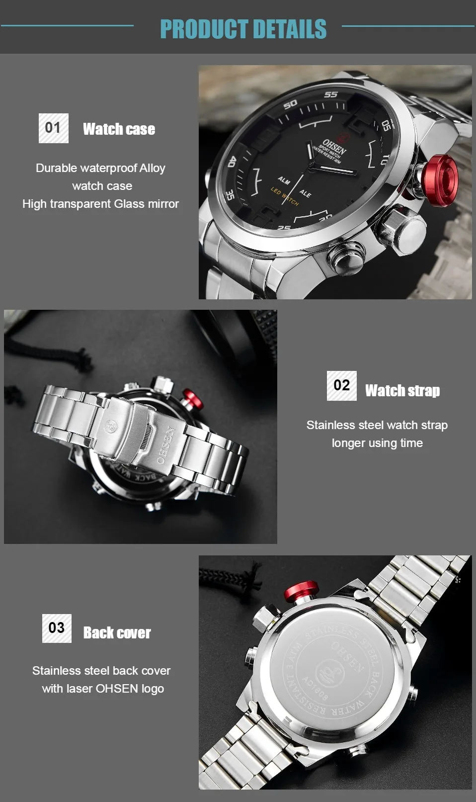 OHSEN Dual time Men Quartz Wristwatches Waterproof Black Military man Watch Fashion Sport Digital LED Clocks relogio masculino
