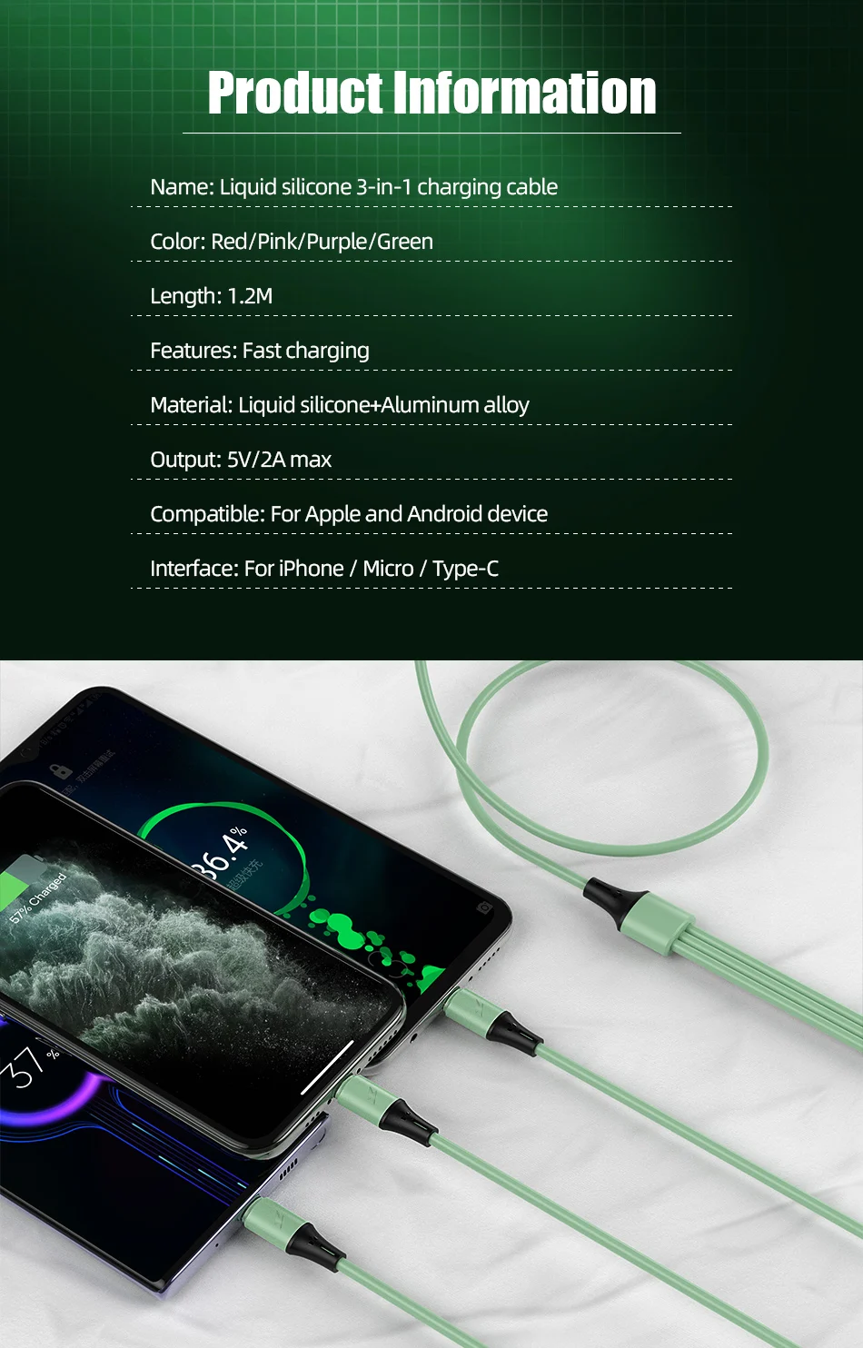 !ACCEZZ 3 in 1 USB Cable For iPhone 11 XS Pro Max 8 Plus Samsung S10 Xiaomi Redmi Note 5 USB C 8 Pin Android Charging Cable Cord (9)