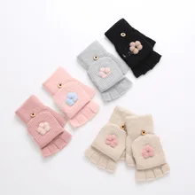 Girls Winter Pink Jacquard Half Finger Gloves with Nylon Knit Split Finger glove Double Layer Warmer Hand Cover