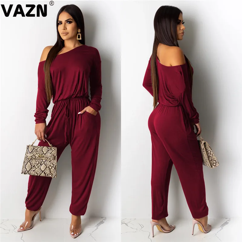 Бургундия VAZN GML17240, дизайн, для отдыха, для девочек, однотонный спортивный комбинезон с длинными рукавами, длинные штаны, комбинезоны с круглым вырезом, Сексуальные клубные Свободные Комбинезоны - Цвет: Бургундия