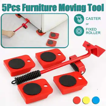 

5pcs Furniture Moving Transport Set Mover Roller Moving Wheel Slider Bar Furniture Transport Lifter Household Hand Tool Set