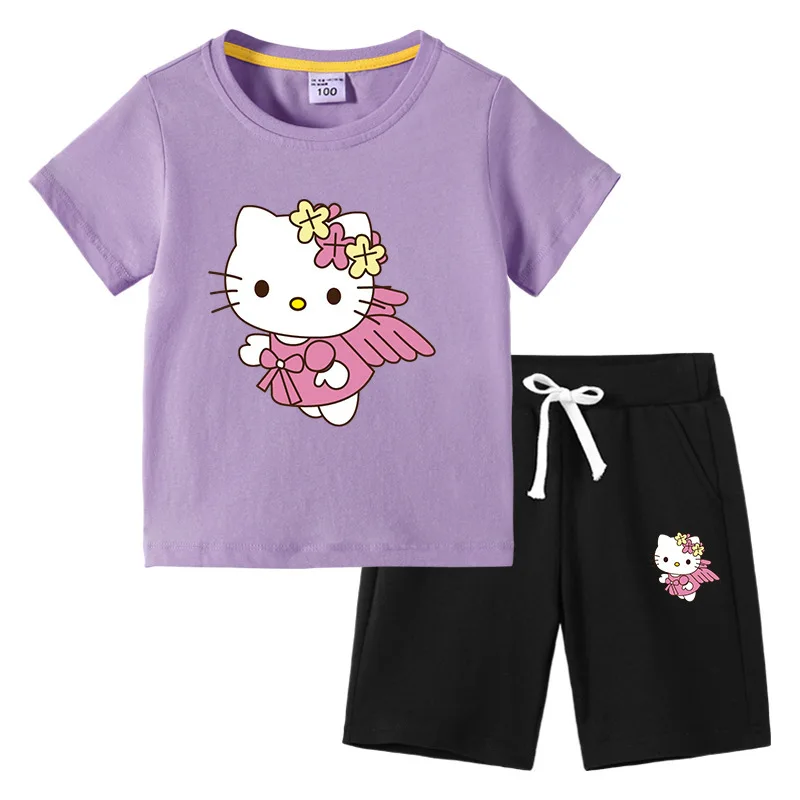 thumbnail image 1 of Conjunto de camiseta de manga corta para niños de Hello Kitty, ropa de algodón para bebés, pantalones cortos de media manga para niños y niñas, traje de dos piezas, 1 of 5