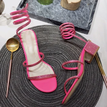 

2020 Shiny Rhinestone Straps Sandal Heels for Women's Crystal Square Heel Sandals Summer Style Slip-On Shoes Luxury Brand Shoes