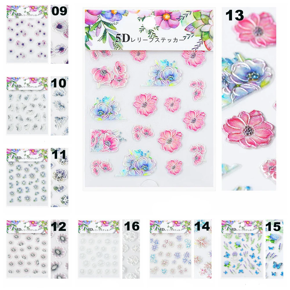 1 Sheet 3D Acrylic Embossed Flower Self Adhesive Nail Sticker Decal Slider Wrap Nail Art Decoration Manicurure Tools Accessories