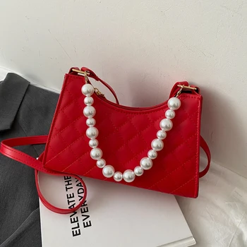 

Fashion Lattice Pattern Women Messenger Handbag Pearl Handle Shoulder Tote Bags Popular Simple Female Daily Bag