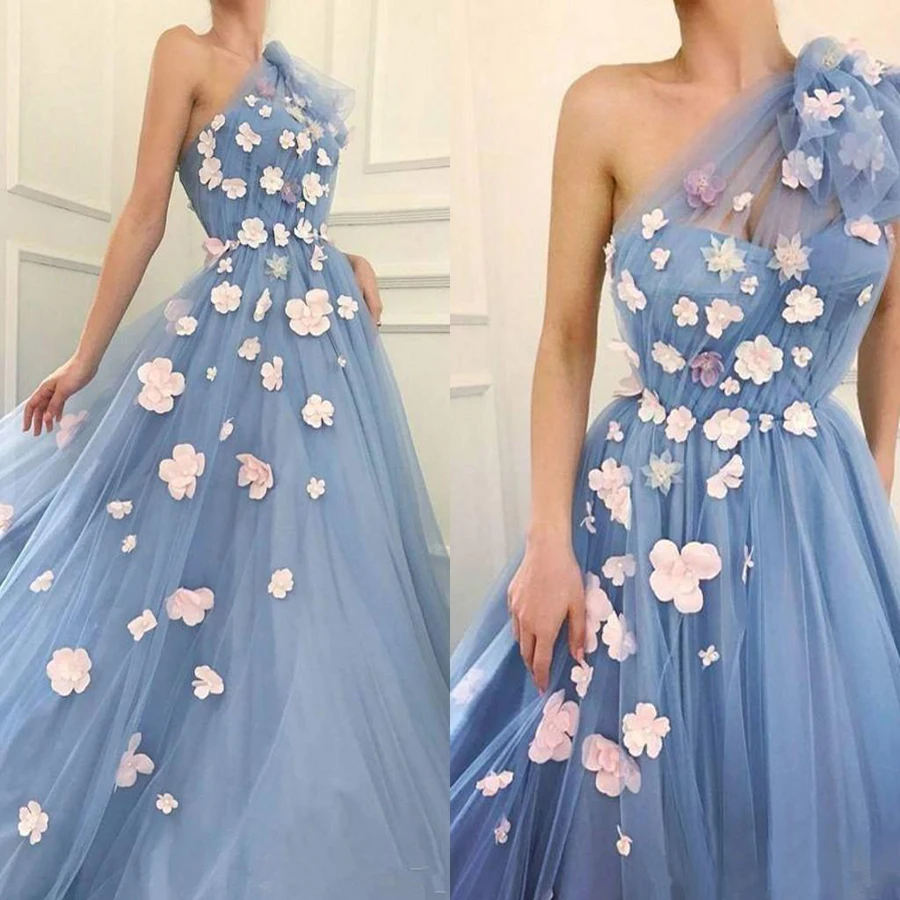 

New One Shoulder Tulle Long Prom Dresses With Handmade Flowers A-line Women Party Dresses robes de soirée