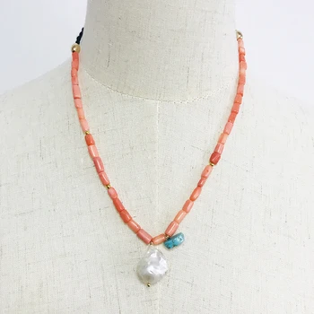 

Boho fashion coral necklace adjustable long rope chain natural freshwater pearl pendant gift for girls best friends accessory