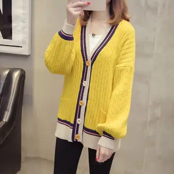 

Autumn Winter Women Sweater Ladies Twist Sweater Stitching Color Pocket Knit Coat