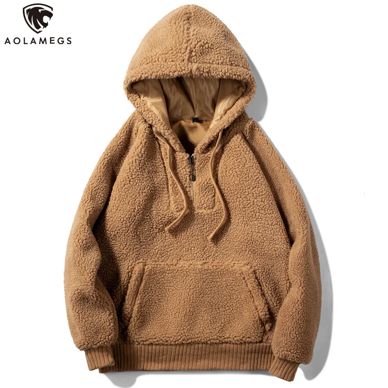 

Aolamegs Men Sweatshirt Solid Color Big Velvet Hooded Pullovers Fashion Warm Mens All-match Simple Style Hoodies Couple Winter