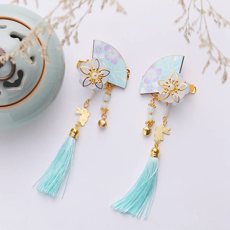 Ancient Chinese Hairpin Fan-shaped Cherry Blossom Sweet Tassel Hairpin Handmade Hair Pin Clip Accessories Children's Hairpin