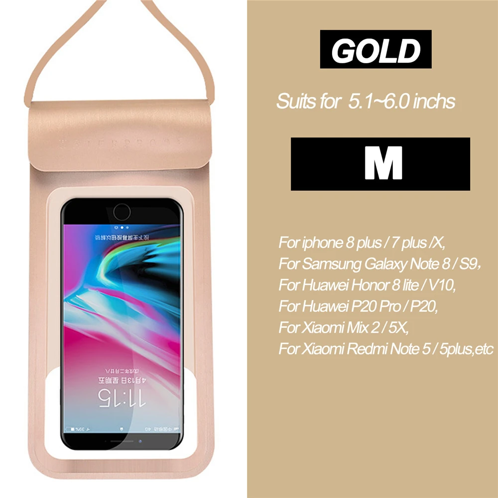 M Gold Водные виды спорта Водонепроницаемый мобильного телефона сумка с тачскрином плавательный сумка чехол для телефона сумка для мобильного телефона держатель для подводного плавания серфинга для iphone - Цвет: M Gold
