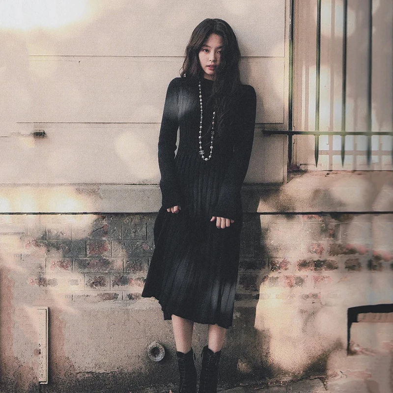Kpop Blackpink JENNIE одинаковое зимнее модное черное трикотажное платье для женщин Harajuku стиль Уличная Сексуальная свитер с переснованной лентой платья