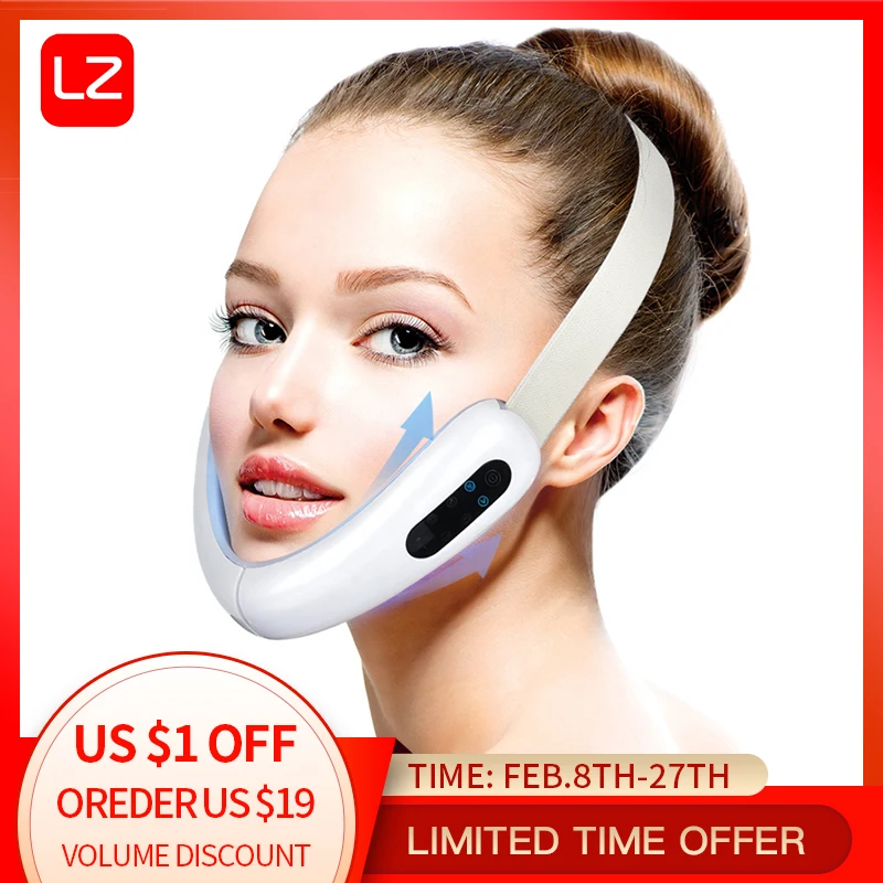 Massageador facial para modelagem facial em microcorrente de radiofrequência, terapia de compressão a quente Máscara de emagrecimento facial em forma de V em forma de V para o queixo duplo.