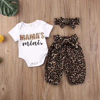 

0-18M 3pcs Set MAMA'S mini printed Short Sleeve Bodysuits+Leopard pants+Headband for New born infant baby Girls clothes