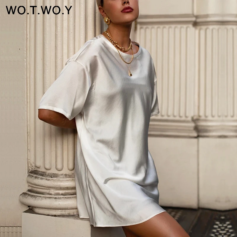 WOTWOY Summer Solid Silk T-Shirt Dress Women Basic Loose Mini Dress Women Short Sleeve Casual Black White Tops Femme Soft 2020 WOTWOY Summer Solid Silk T-Shirt Dress Women Basic Loose Mini Dress Women Short Sleeve Casual Black White Tops Femme Soft 2020