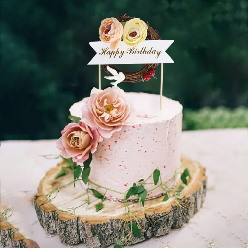 Rattan Wreath Artificial Flowers Birthday Cake Topper Happy Birthday Party Decorations Kids Adult Floral Cake Decor Toppers Cake Decorating Supplies Aliexpress