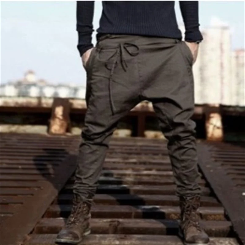 European and American trendy young men's pants, all kinds of leggings, leggings, men's pants, lace up, loose casual pants, Leggi - Color: Brown