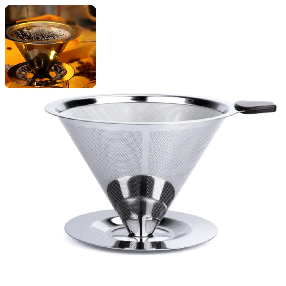 Gotero de café de acero inoxidable, filtro de café extraíble con soporte, gotero de cono reutilizable