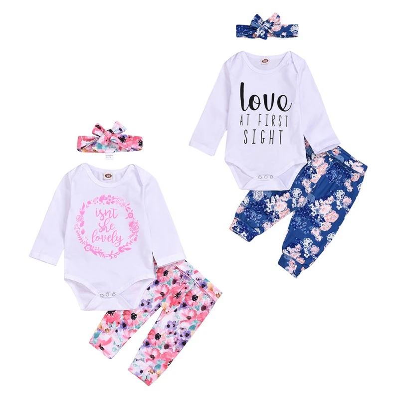 Baby Clothes Kids Girl Romper Love at First Sight Floral Long Pants Flower Headband 3pcs Outfits 0-24M