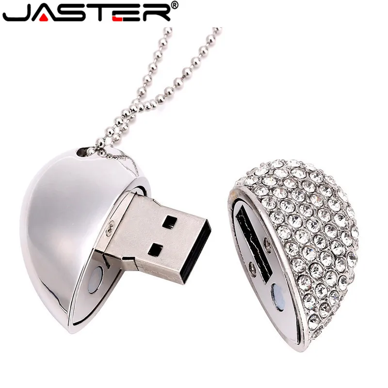 JASTER металлический алмазный USB флеш-накопитель в форме сердца с цепочкой Флешка 4 ГБ 8 ГБ 16 ГБ 32 ГБ ожерелье карта памяти