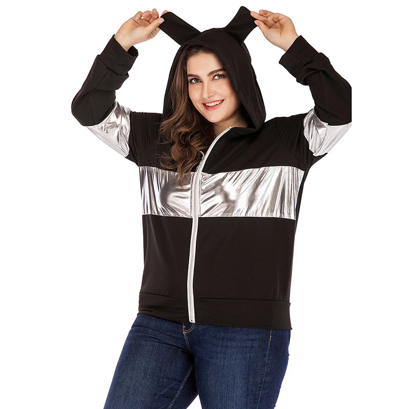 

Spring Autumn Women Jacket Kawaii Ear Patchwork Plus Size Basic Coat Female Hooded Zipper Baggy Casual Ladies Jackets Streetwear