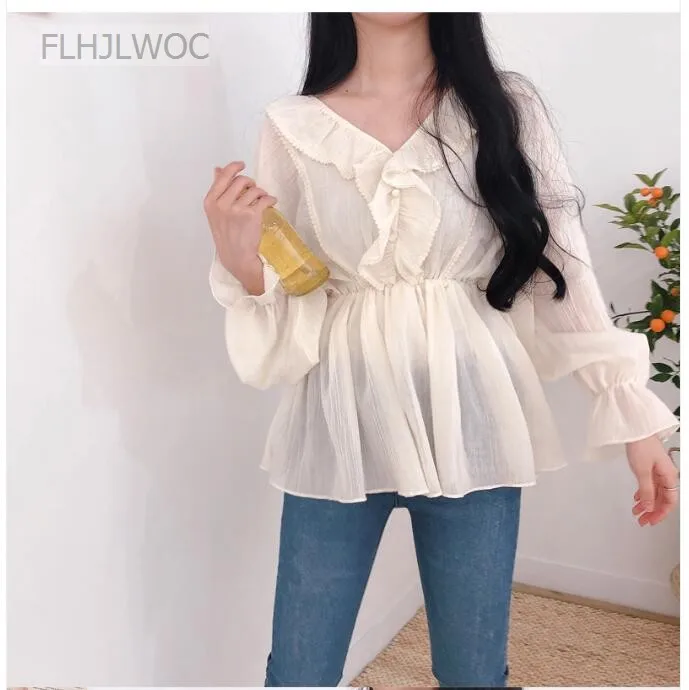 Cute Chic Tops Women Preppy Style Girls Korea Japanese Design Slim Waist Belly Peplum Tunic Ruffled Top Blouse Flhjlwoc Vestido