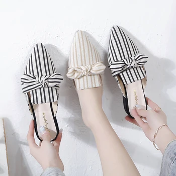 

Elegant Striped Women Mules Slippers Pointed-Toe Flat Ladies Office Shoes Butterfly-knot Decoration Women Shoes Summer Slides