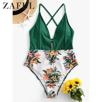 

ZAFUL Bikini Tropical Leaves Lace-Up One-Piece Swimsuit Women Boho Monokini Bathing Suits 2020 Girl Beach Swimwear BIKINI