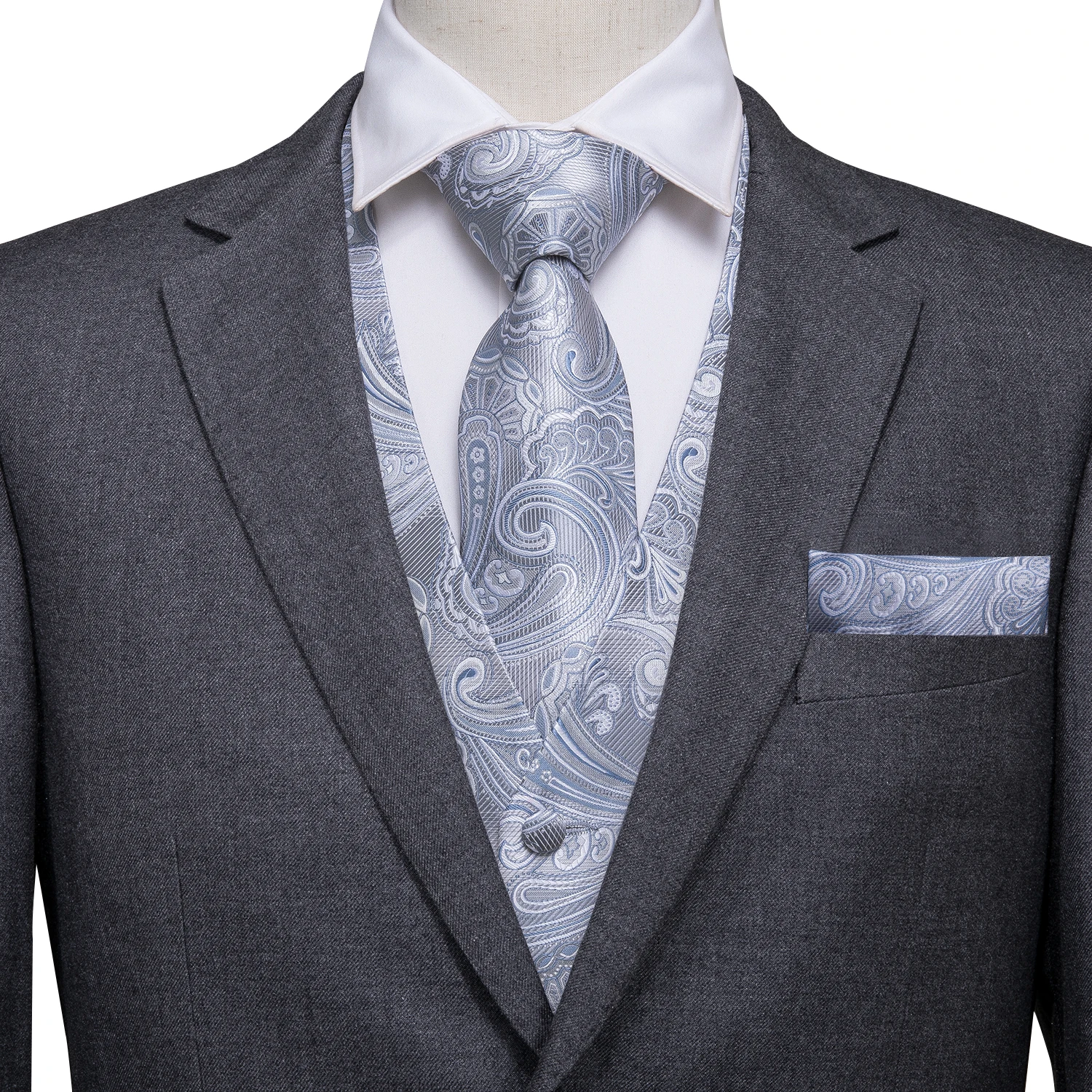 

Hi-Tie Brand Silk Waistcoat For Men Luxury Sliver Paisley Suit Vest Tie Pocket Square Cufflinks Set Classic Men's Suit Waistcoat