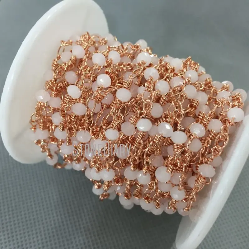 

RC5014 3x4mm Rose Gold Color Faceted Rondelle Beads White Jades Chain Rosary