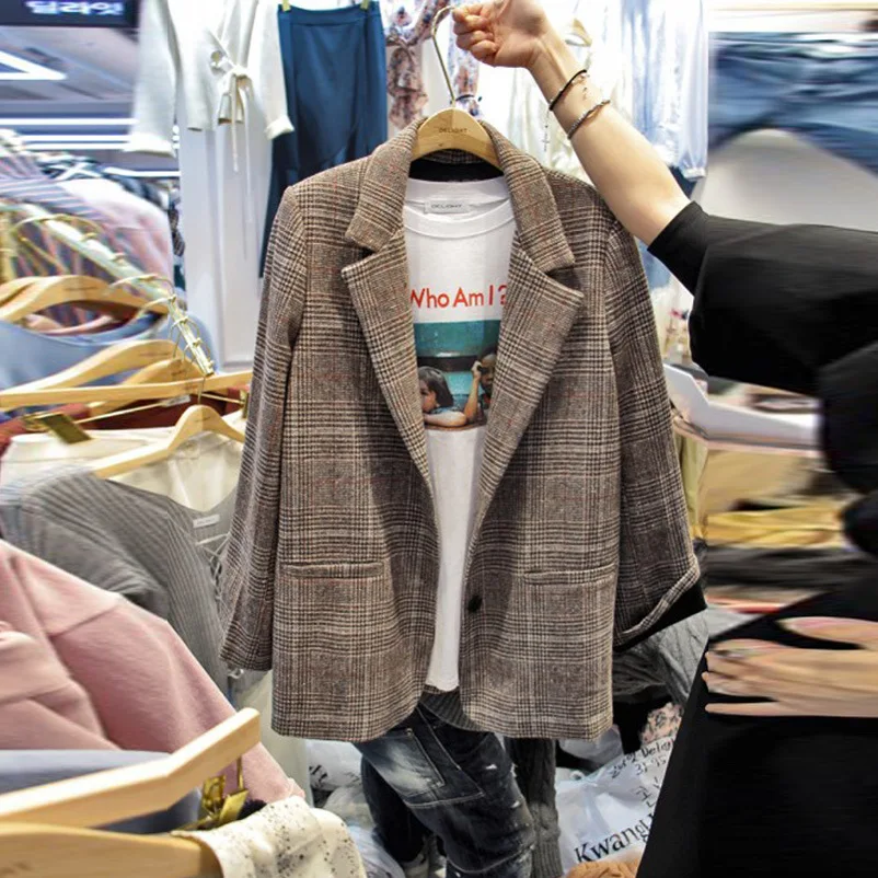 

2019 Spring And Autumn New Style Korean-style Fashion Plaid Fold-down Collar Retro Small Suit One-Button Coat Women's OL Versati