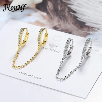 

JYouHF 1PC Double Ear Hole Cubic Zircon with Chain Drop Earrings for Women Fashion Gold Silver Color Wedding Earring Jewelry