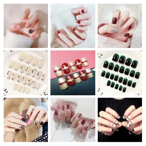 24pcs False Nails Tips Artificial Fake Tips Full Cover Press On Nails Glitter Decoration Nail Art Tips With 2g Glue 22 Styles