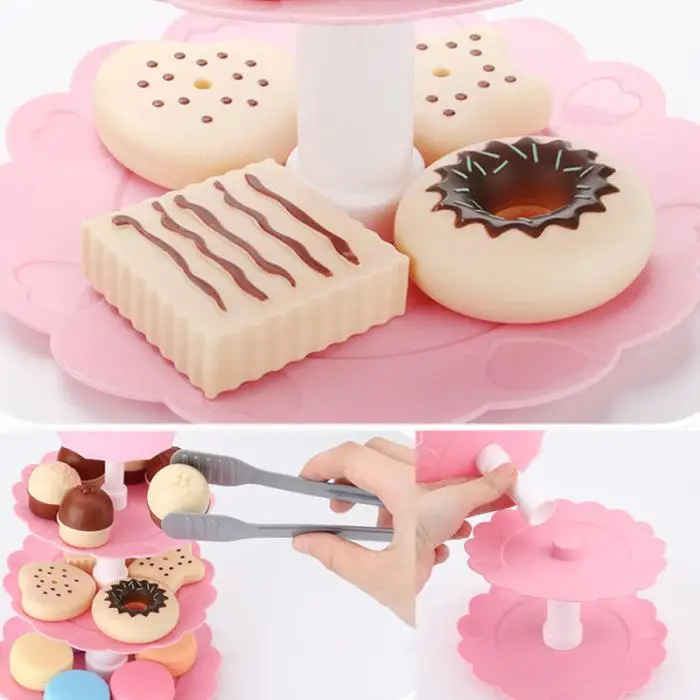 17PCS Girl Pink Cake Tower Mini Cookie Food Set Plastic Kitchen Toys Kids Pretend Play Birthday Gift